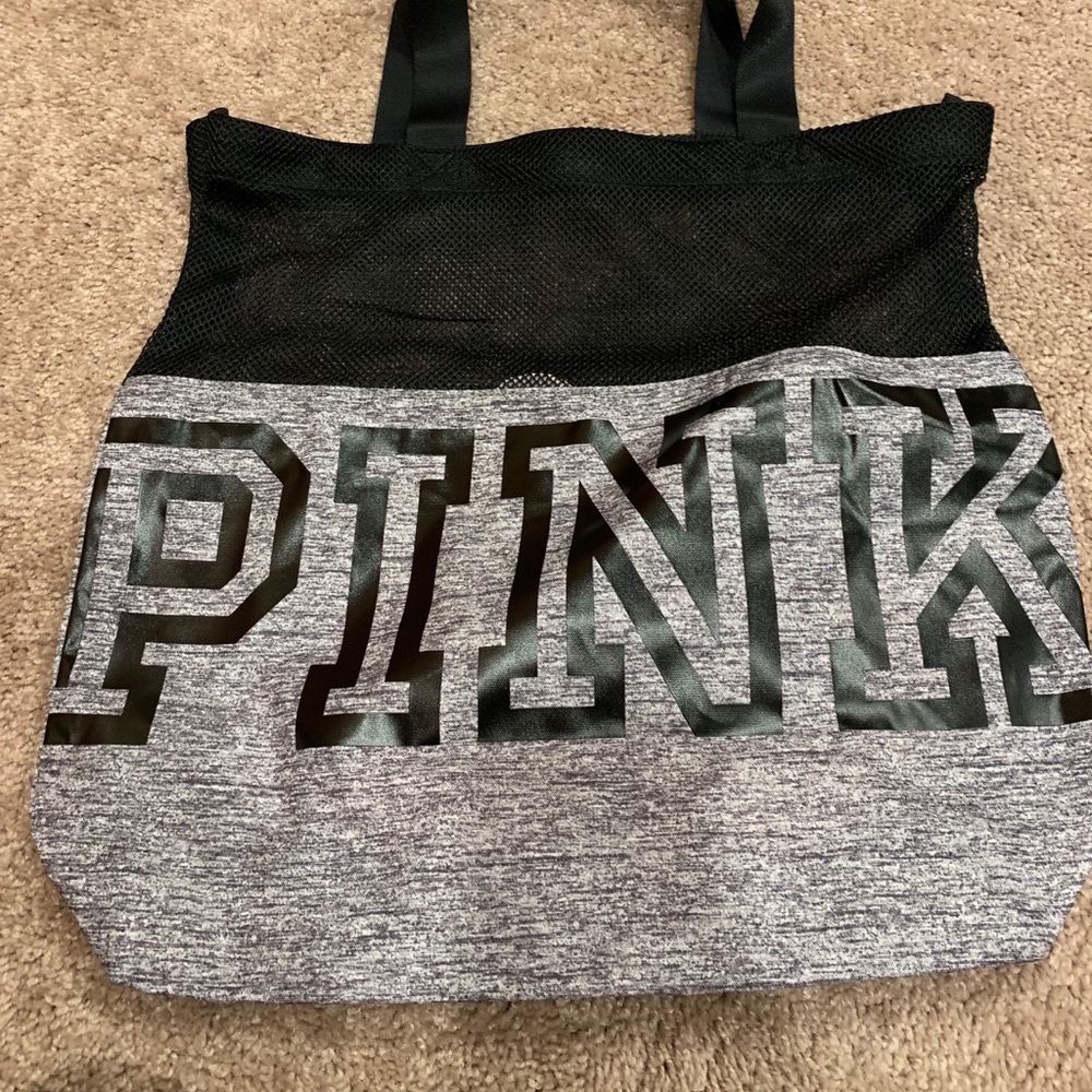 Grey PINK tote with black mesh top